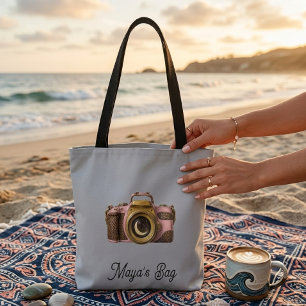Viraal cadeau camera met eigen naam Slank Trendy Tote Bag