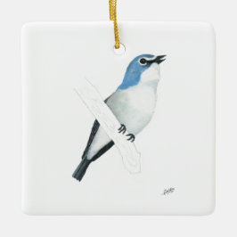 Vireo met blauwe kop keramisch ornament