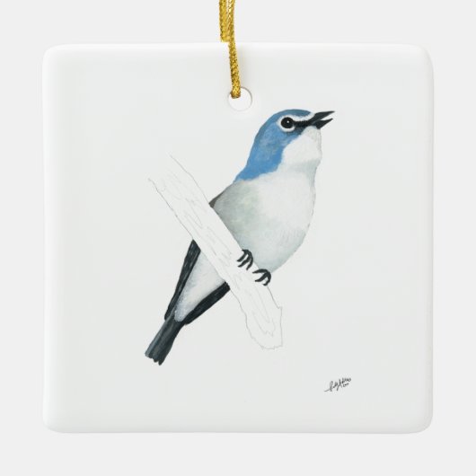 Vireo met blauwe kop keramisch ornament (Voorkant)