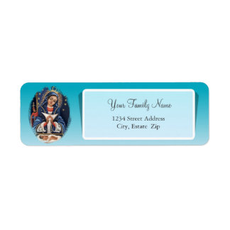 Virgen de la Altagracia Blauw retouradres-label Etiket