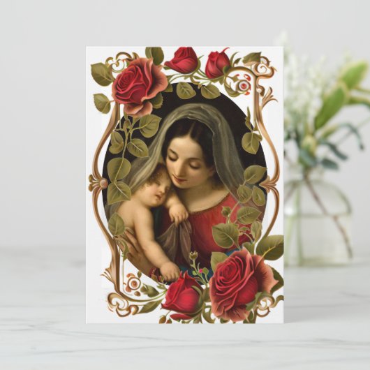 Virgin and Child Red Roses Roman Catholic Baptism  Kaart (Staand voorkant)