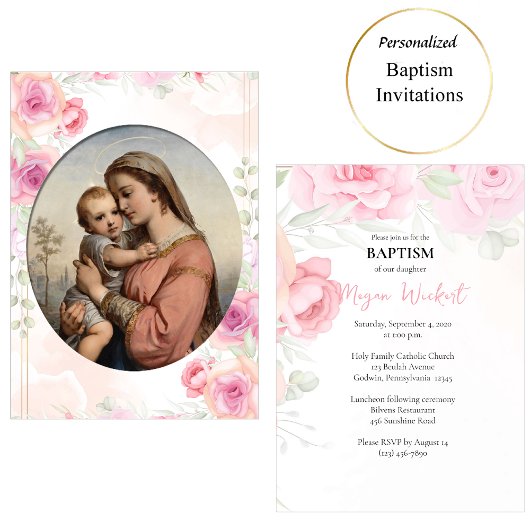 Virgin and Child Soft Pink Roses Catholic Baptism Kaart