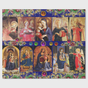 VIRGIN, CHILD EN ANGELS, goudblauw kerstmis Cadeaupapier