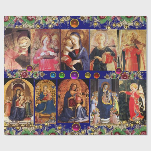 VIRGIN, CHILD EN ANGELS, goudblauw kerstmis Cadeaupapier (Vlak)