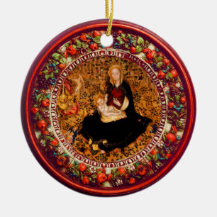 VIRGIN, CHILD EN ANGELS Red Floral-kerstmis Keramisch Ornament