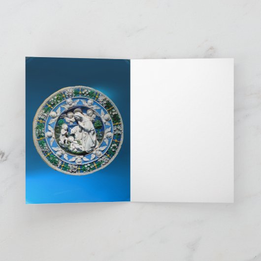 VIRGIN EN KIND MET ANGELS, Rondblauw saffier Feestdagen Kaart (Binnen)