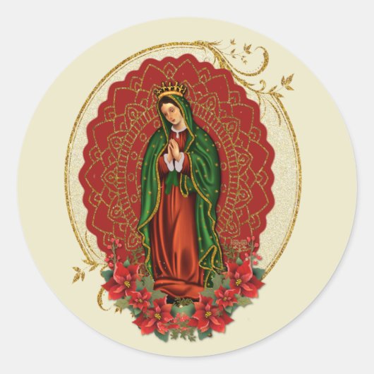 Virgin Guadalupe katholieke kerst Pointsettia Ronde Sticker (Voorkant)