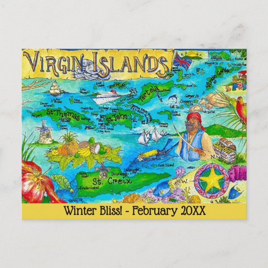 Virgin Islands Illustrated Map Postcard Briefkaart (Voorkant)