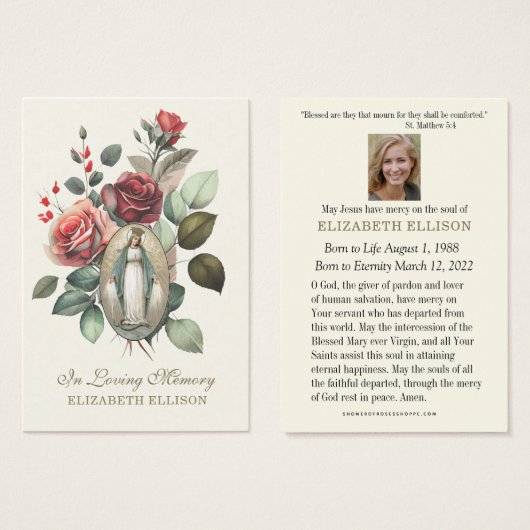 Virgin Mary floral Rozen Funeral Prayer Visitekaartje (Voorkant /achterkant)