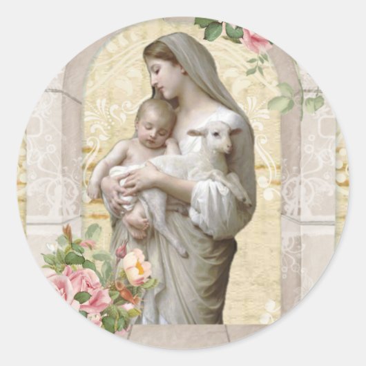 Virgin Mary Jesus Lamb Vintage Floral Religious Ronde Sticker (Voorkant)