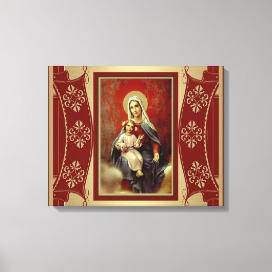 Virgin Mary met Jezus die rosary Gold vasthoudt Canvas Afdruk (Voorkant)