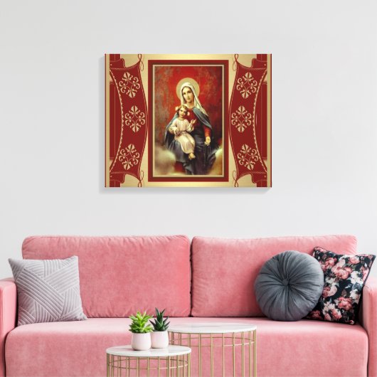 Virgin Mary met Jezus die rosary Gold vasthoudt Canvas Afdruk (Insitu (Woonkamer))