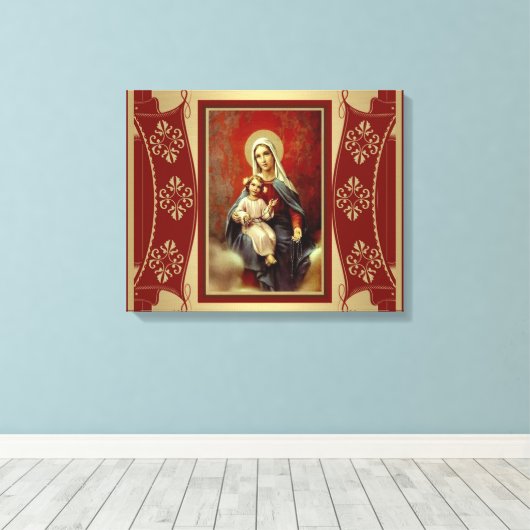 Virgin Mary met Jezus die rosary Gold vasthoudt Canvas Afdruk (Insitu (Houten vloer))