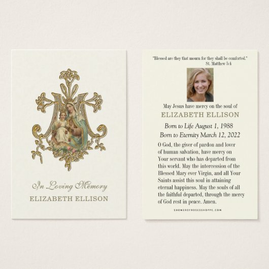 Virgin Mary MOUNT CARMEL Funeral Prayer Visitekaartje (Voorkant /achterkant)