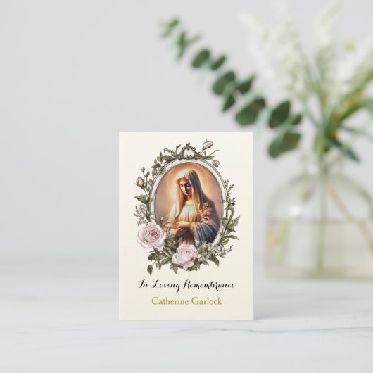 Virgin Mary Pink Roses Lijst begrafenisgebed Kaart Plaatskaartje (Staand voorkant)