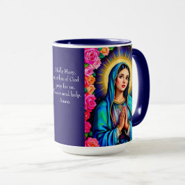 Virgin Mary Prayer Roos Floral Blue Coffee Mok