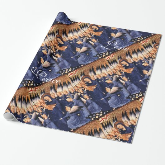 VIRGIN MET KIND, ANGELS, CHRISTMAS JOY PEACE LOVE CADEAUPAPIER (Uitgerold)