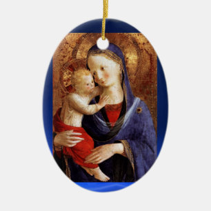 VIRGIN MET KIND, Blauwe Sapphire Keramisch Ornament
