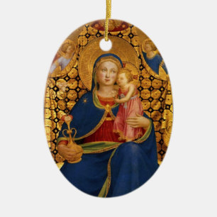 VIRGIN MET KIND EN ANGELS, blauw Sapphire Gem Keramisch Ornament
