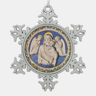 VIRGIN MET KIND EN ANGELS Rond Tin Sneeuwvlok Ornament