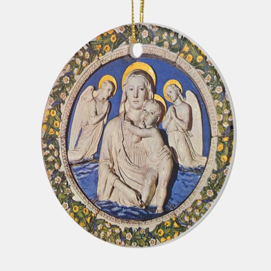 VIRGIN MET KIND EN ANGELS Rondblauw saffier Keramisch Ornament (Links)