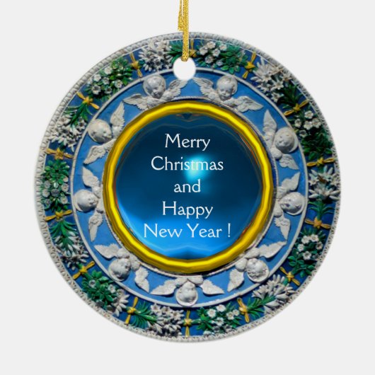 VIRGIN MET KIND EN ANGELS Rondblauw saffier Keramisch Ornament (Achterkant)