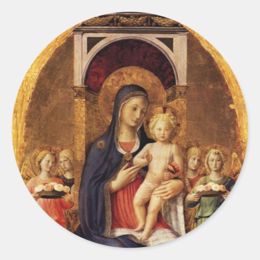 VIRGIN MET KIND EN ANGELS RONDE STICKER (Voorkant)