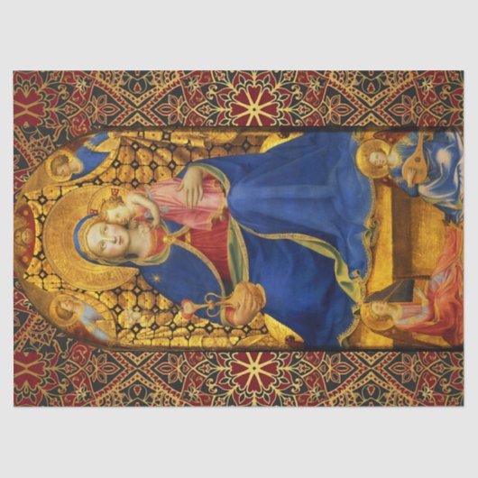 VIRGIN MET KINDEREN EN ANGELS, Red Blue Gold Xmas Tissuepapier (Voorkant)