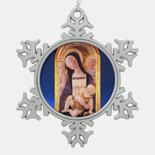 VIRGIN MET KINDEREN EN ZINTEN, blauwe saffier Tin Sneeuwvlok Ornament