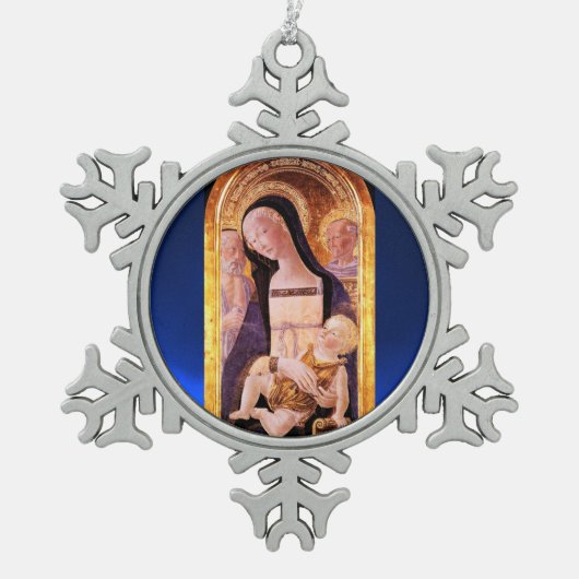 VIRGIN MET KINDEREN EN ZINTEN, blauwe saffier Tin Sneeuwvlok Ornament (Voorkant)