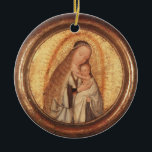VIRGIN MET KINDERGOLD EN RODE RUBY KERAMISCH ORNAMENT<br><div class="desc">Spiritueel en klassiek Renaissance-meesterstuk van de Vlaamse schilder Quentin Massys in levendige bruine,  witte,  goudgele kleuren. Olie op hout met gouden folie.</div>
