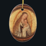 VIRGIN MET KINDERGOLD EN RODE RUBY KERAMISCH ORNAMENT<br><div class="desc">Spiritueel en klassiek Renaissance-meesterstuk van de Vlaamse schilder Quentin Massys in levendige bruine,  witte,  goudgele kleuren. Olie op hout met gouden folie.</div>