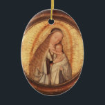 VIRGIN MET KINDERGOLD EN RODE RUBY KERAMISCH ORNAMENT<br><div class="desc">Spiritueel en klassiek Renaissance-meesterstuk van de Vlaamse schilder Quentin Massys in levendige bruine,  witte,  goudgele kleuren. Olie op hout met gouden folie.</div>