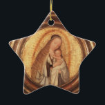 VIRGIN MET KINDERGOLD EN RODE RUBY STAR KERAMISCH ORNAMENT<br><div class="desc">Spiritueel en klassiek Renaissance-meesterstuk van de Vlaamse schilder Quentin Massys in levendige bruine,  witte,  goudgele kleuren. Olie op hout met gouden folie.</div>