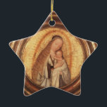 VIRGIN MET KINDERGOLD EN RODE RUBY STAR KERAMISCH ORNAMENT<br><div class="desc">Spiritueel en klassiek Renaissance-meesterstuk van de Vlaamse schilder Quentin Massys in levendige bruine,  witte,  goudgele kleuren. Olie op hout met gouden folie.</div>