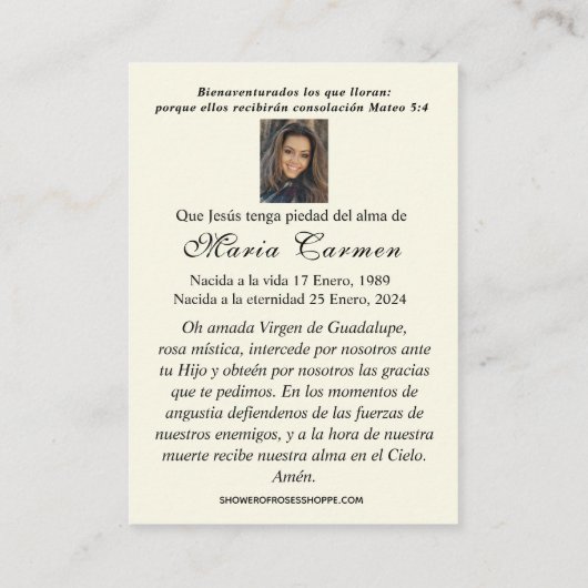 Virgin Mexico Guadalupe - Spaans Funeral Prayer Plaatskaartje (Achterkant)