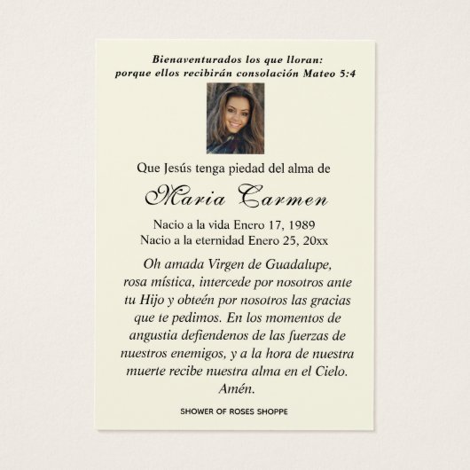 Virgin Mexico Guadalupe - Spaans Funeral Prayer Visitekaartje (Achterkant)