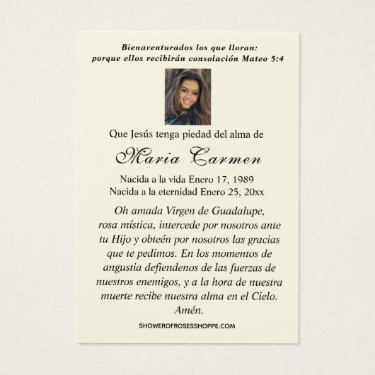 Virgin Mexico Guadalupe - Spaans Funeral Prayer Visitekaartje (Achterkant)