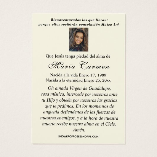 Virgin Mexico Guadalupe - Spaans Funeral Prayer Visitekaartje (Achterkant)