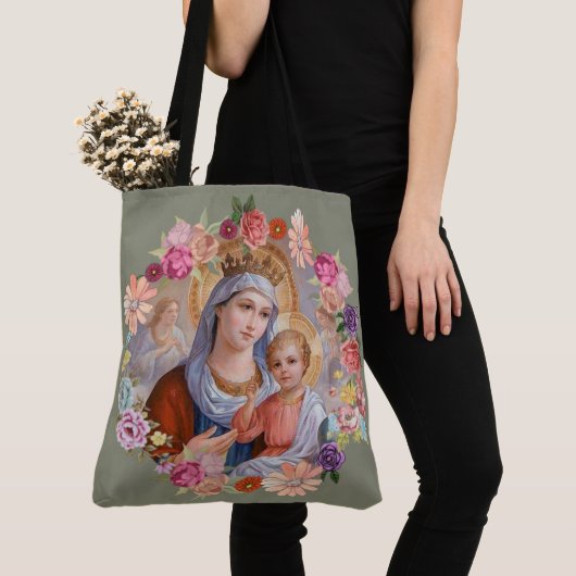 Virgin Moeder Mary Baby Jesus Floral Angels Crown Tote Bag (Dichtbij)