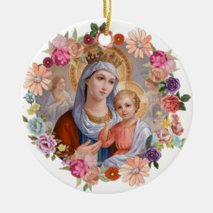 Virgin Moeder Mary Crown Baby Jesus Angels Flowers Keramisch Ornament