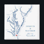 Virginia Beach Bestemming Huwelijksgunst Magneet<br><div class="desc">Snel en eenvoudig bestellen! Deze Virginia Beach,  VA kaart magneten maken grote Virginia bruiloft gunsten op te nemen in uw VA Beach bestemming bruiloft welkomsttassen. Beweeg het hart door te klikken op "Bewerken met ontwerpgereedschap" onder "Personaliseren". Met een kaart van Chesapeake Bay met Artwork by Coastal Map Design</div>