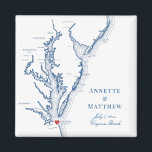 Virginia Beach Bestemming Huwelijksgunst Magneet<br><div class="desc">Snel en eenvoudig bestellen! Deze Virginia Beach,  VA kaart magneten maken grote Virginia bruiloft gunsten op te nemen in uw VA Beach bestemming bruiloft welkomsttassen. Beweeg het hart door te klikken op "Bewerken met ontwerpgereedschap" onder "Personaliseren". Met een kaart van Chesapeake Bay met Artwork by Coastal Map Design</div>