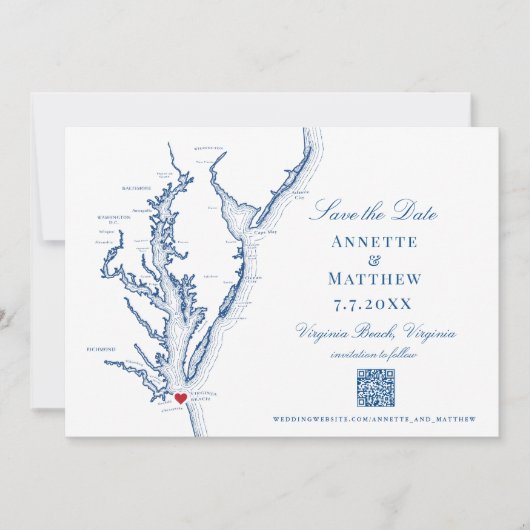 Virginia Beach Bruiloft Elegant Navy QR-code Save The Date (Voorkant)