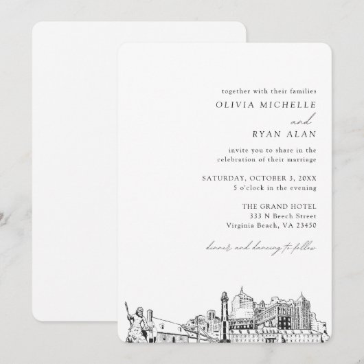 Virginia Beach Bruiloft Elegante Skyline uitnodigi Kaart (Voorkant / Achterkant)