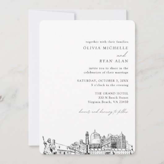 Virginia Beach Bruiloft Elegante Skyline uitnodigi Kaart (Voorkant)