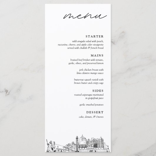 Virginia Beach Skyline Modern Wedding Dinner Menu (Voorkant)
