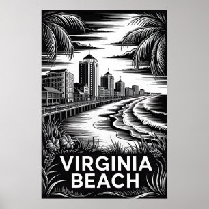 Virginia Beach Virginia Zwart Wit Houtsnede Silhou Poster