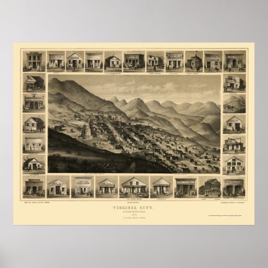 Virginia City, NV Panoramic Map - 1861 Poster (Voorkant)