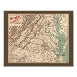  Virginia Civil War Battlefields Map, 1895 Foto Afdruk